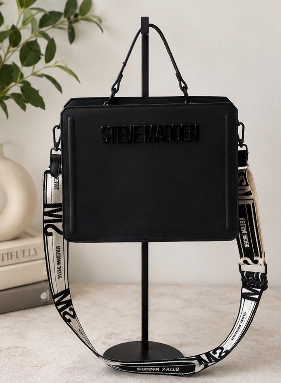 Steve Madden Black Structured Crossbody Satchel Bag 2 Interchangeable Straps